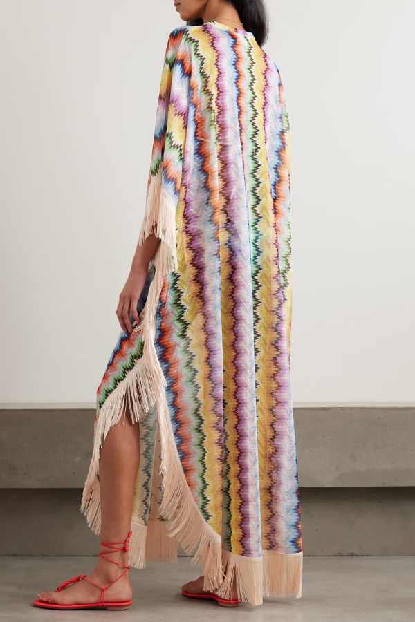 Mezcal Knit Colorful Zigzag Pattern Tassle Trim Loose Kaftan Maxi Dress