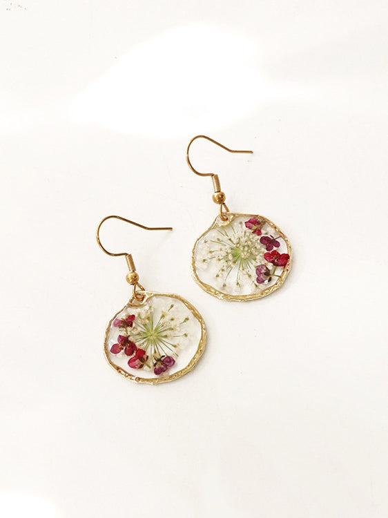 Retro Country Style Dried Flower Earrings Red alyssum one size