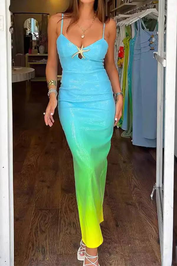 Chic Starfish Design Sequined Printed Sling Dress Green-Yellow