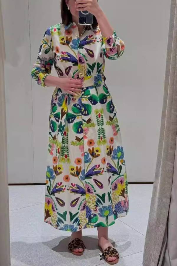 Fashion Belted Floral Print Shirt Dress Green