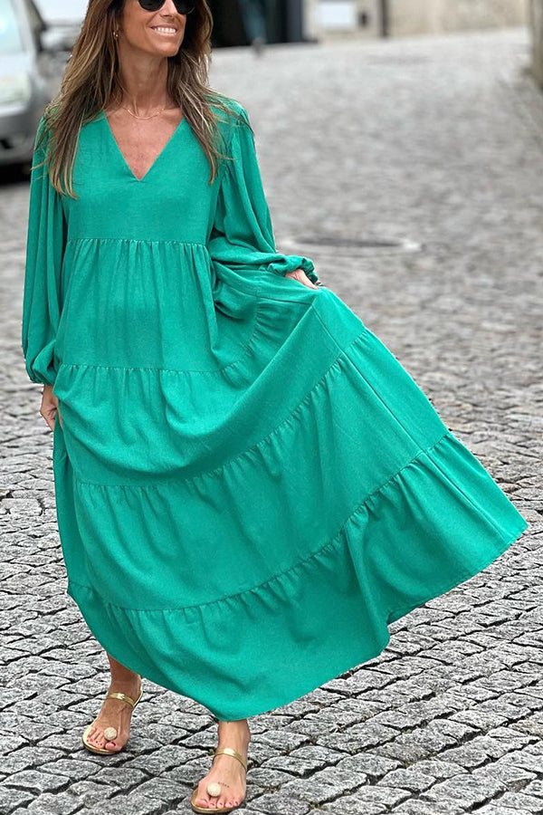 Bubble Long Sleeve V Neck Loose Dress Green