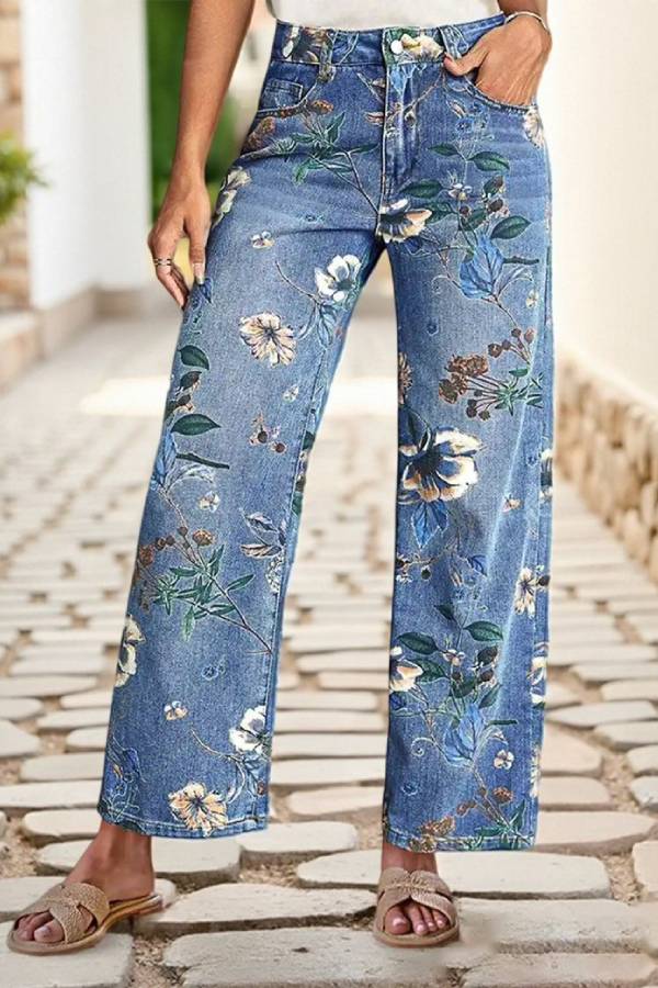 Vintage Floral Print Wide‑Leg Jeans