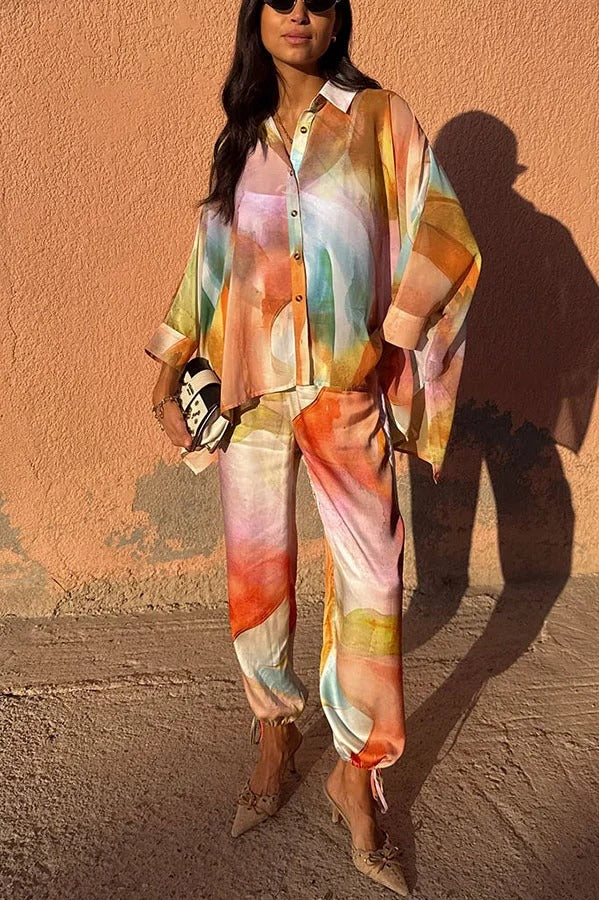 Vacation View Colorful Abstract Print Elastic Waist Pocket Loose Lantern Pants