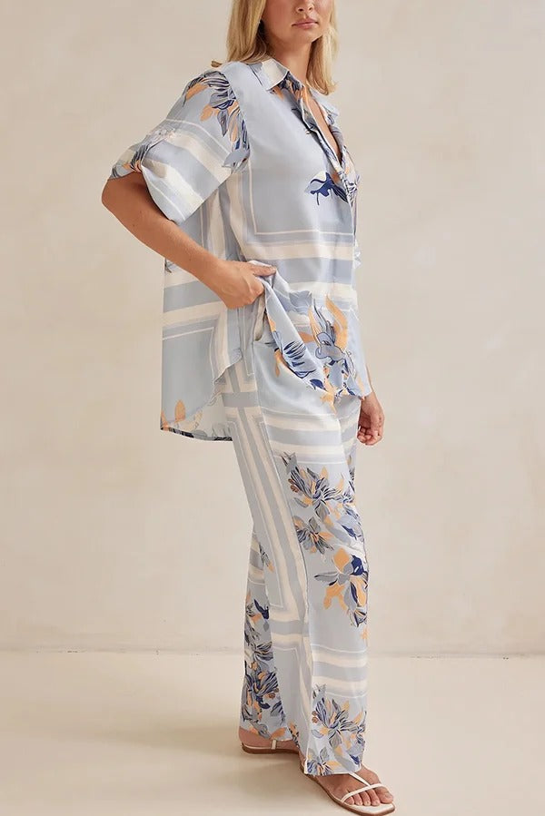 Fashionable Plant Print Loose Lapel Short Sleeve Shirt and Casual Elastic Waist Pocket Pants Set