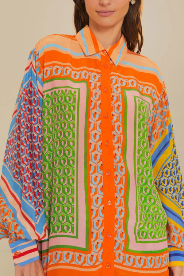 Brazil's Joyful Spirit Colorful Unique Print Balloon Sleeve Button Loose Shirt Orange