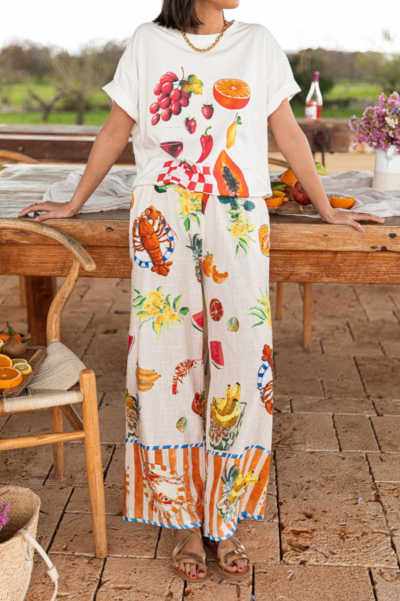 Unique Printed Elastic Waist Pocket Vacation Casual Wide Leg Pants