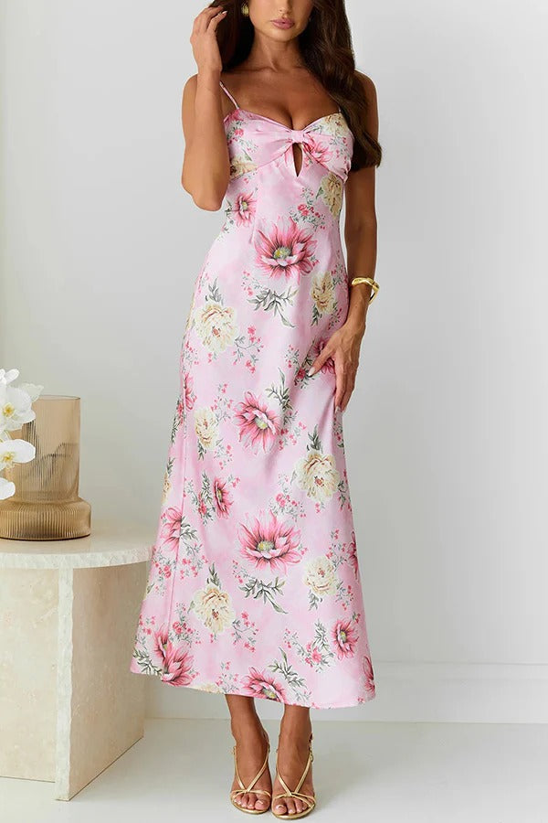 Sun Drenched Shores Satin Floral Print Cutout Bust Slip Midi Dress Pink