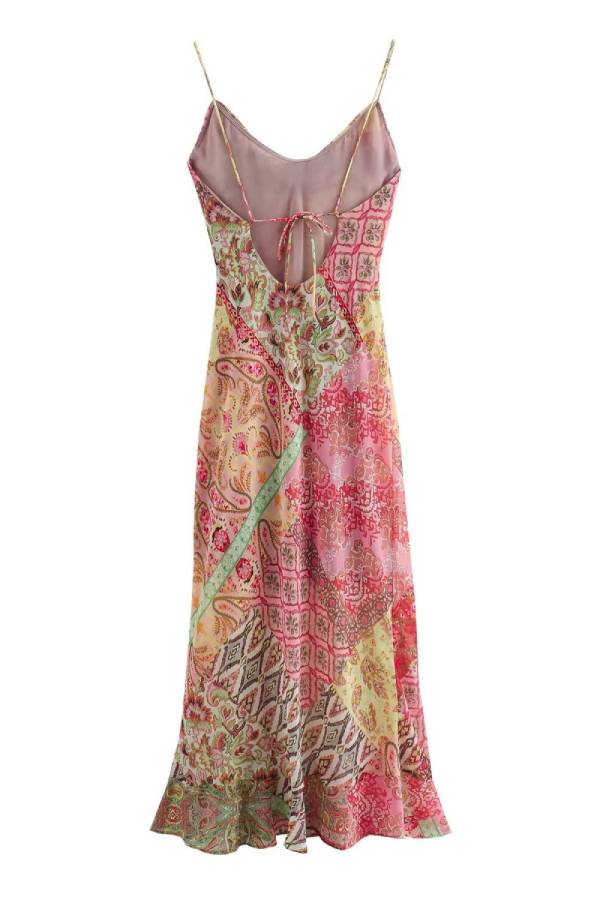 Printed Fishtail High Waist Mid-length Suspender Dress