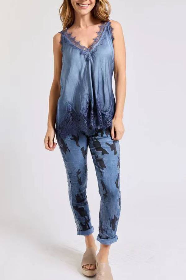 V‑Neck Eyelash Lace Satin Camisole Top