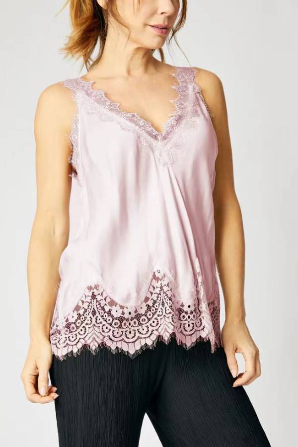 V‑Neck Eyelash Lace Satin Camisole Top