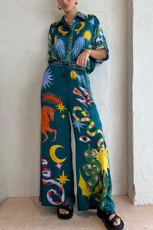 Pierson Linen Blend Unique Print Elastic Waist Pocketed Wide Leg Pants MULTICOLOR