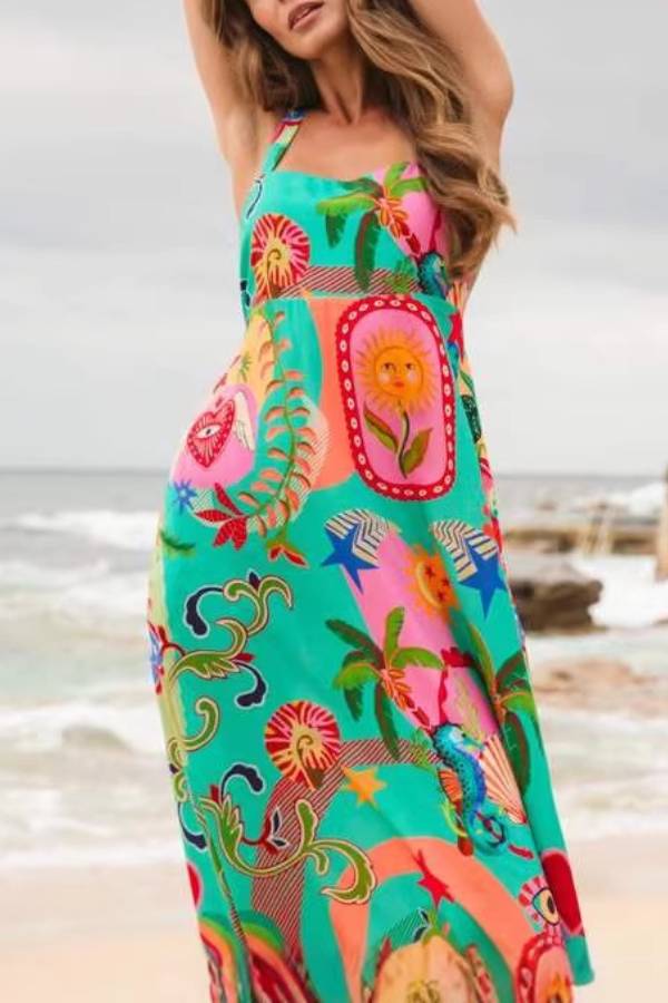 Tropical Graffiti Print Square-Neck Maxi Dress