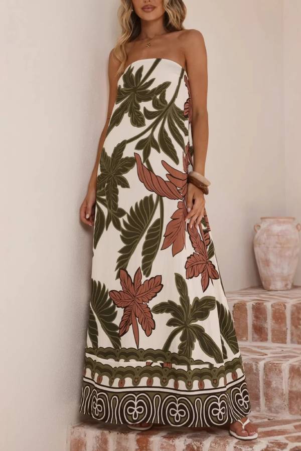 Tropical Leaf Print Strapless Tube Waisted Maxi Dress