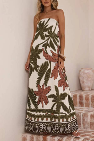 Tropical Leaf Print Strapless Tube Waisted Maxi Dress
