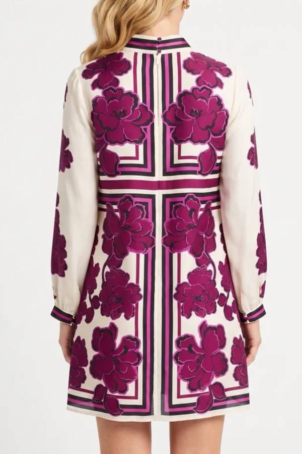 Geometric Floral Mock Neck Shift Dress