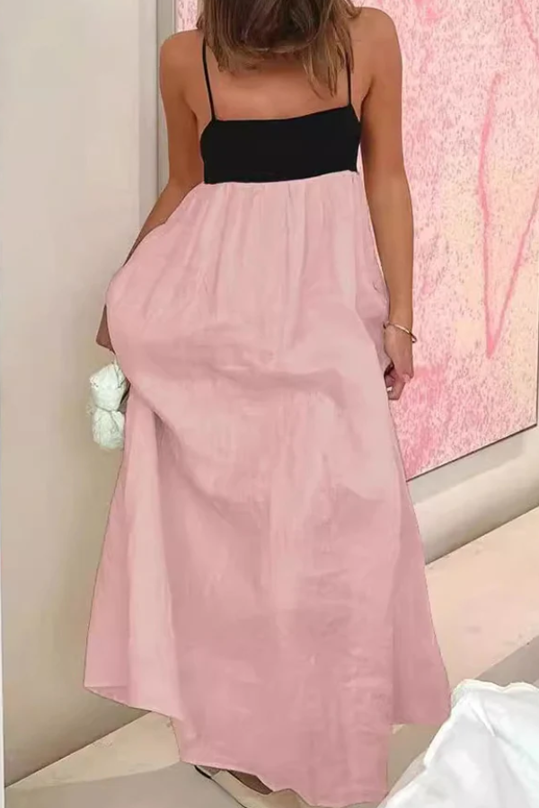 Linen Blend Sexy Sling Backless Contrast Maxi Dress Pink