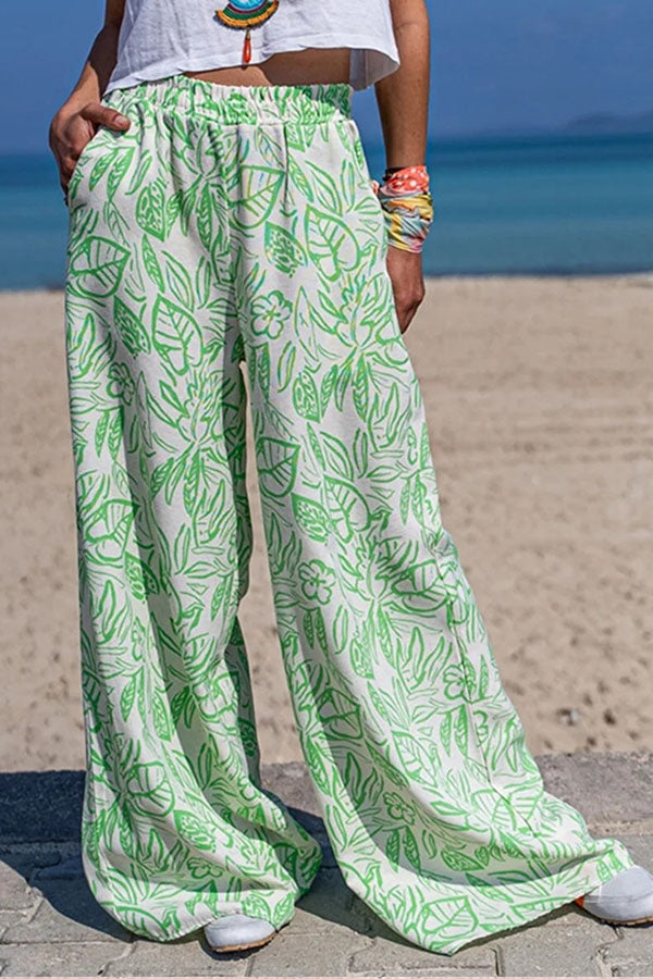 Printed trousers Wide-leg pants Diagonal pocket casual pants Green