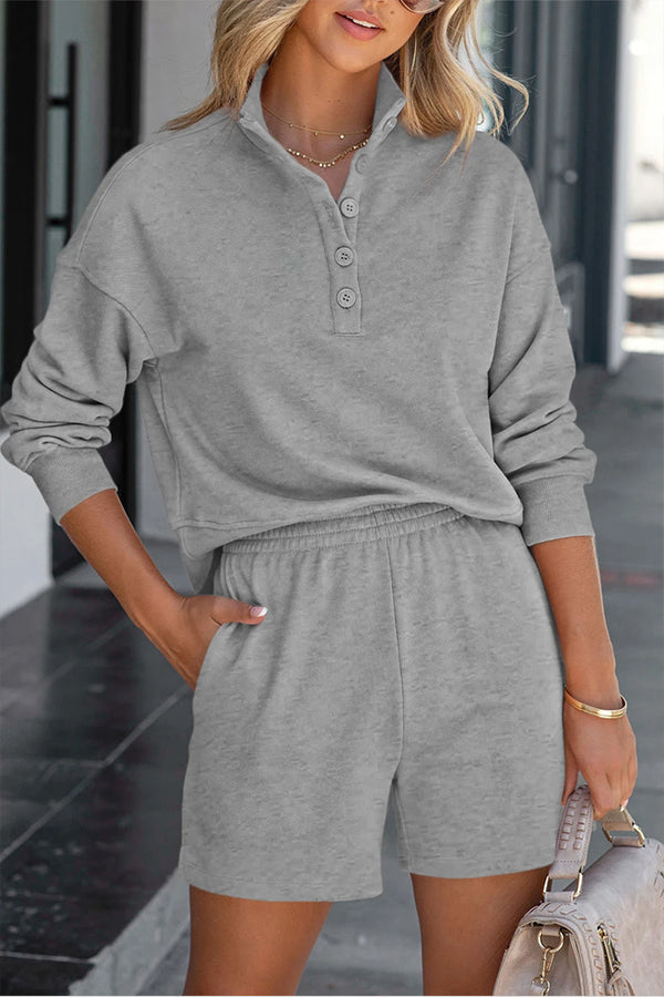 Solid Color Henley Shirt and High Waisted Shorts Two Piece Set Grey