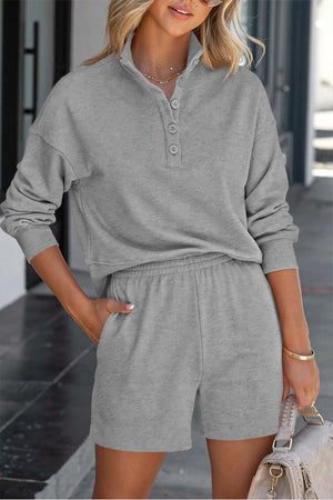 Solid Color Henley Shirt and High Waisted Shorts Two Piece Set Grey