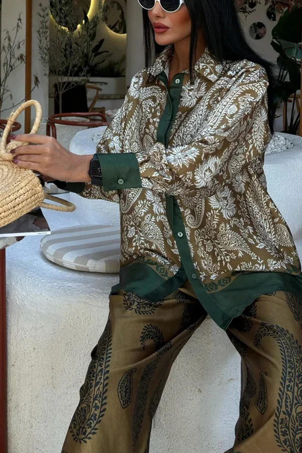 Naya Satin Contrast Color Paisley Long Sleeve Shirt and Elastic Waist Pocketed Pants Set