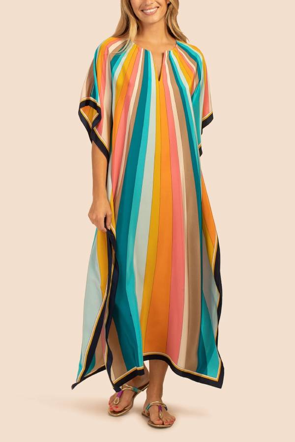 Multi-Color Printed V-Neck Kimono-Sleeve Maxi Kaftan