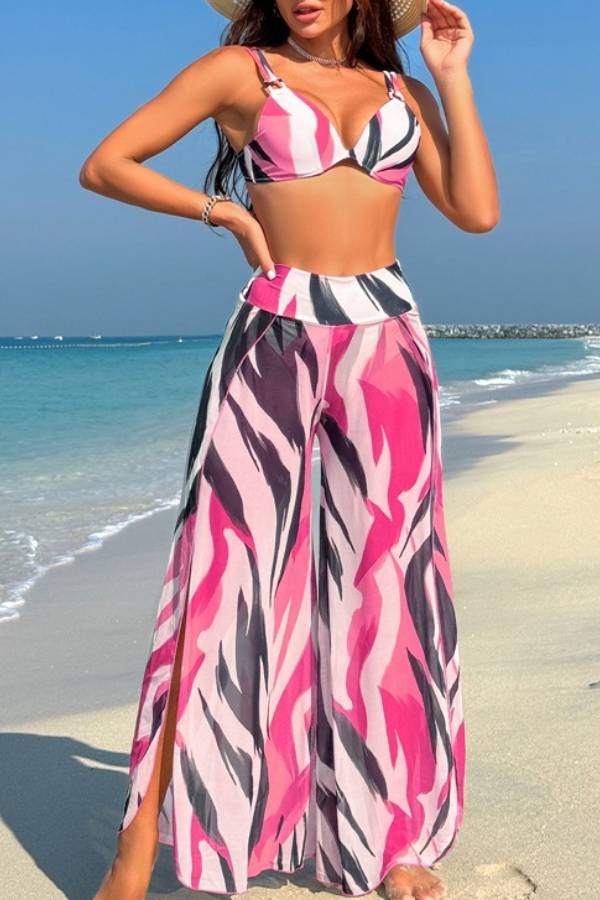 Printed Bikini & High-Slit Sheer Beach Pants 3-Piece Set