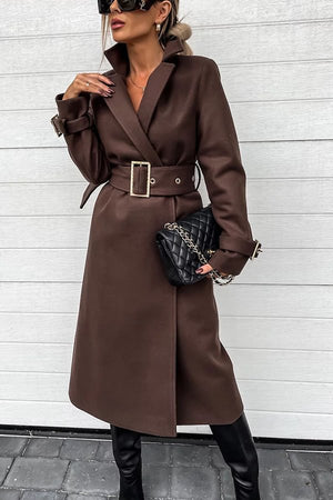 Style Expedition Woolen Belted Metal Button Lapel Midi Trench Coat Brown