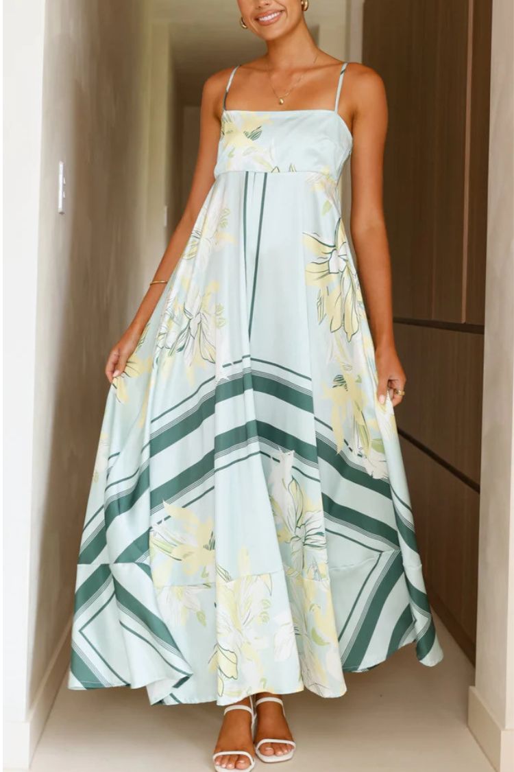 Botanical Print Square Neck Suspender Casual Full Hem Maxi Dress Light green