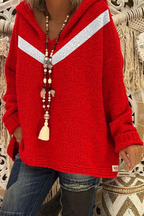 Color Block Loose Hooded Pullover Sweater Red
