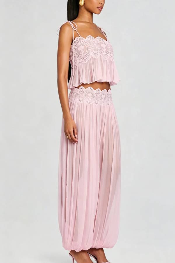 Dreamy Crinkle Chiffon Lace Trim Tank and High Rise Loose Lantern Pants Set
