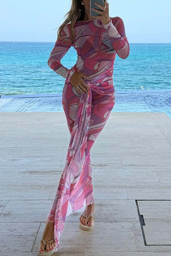 Nessie Mesh Unique Print Tie-up Waist Long Sleeve Stretch See-Through Maxi Dress