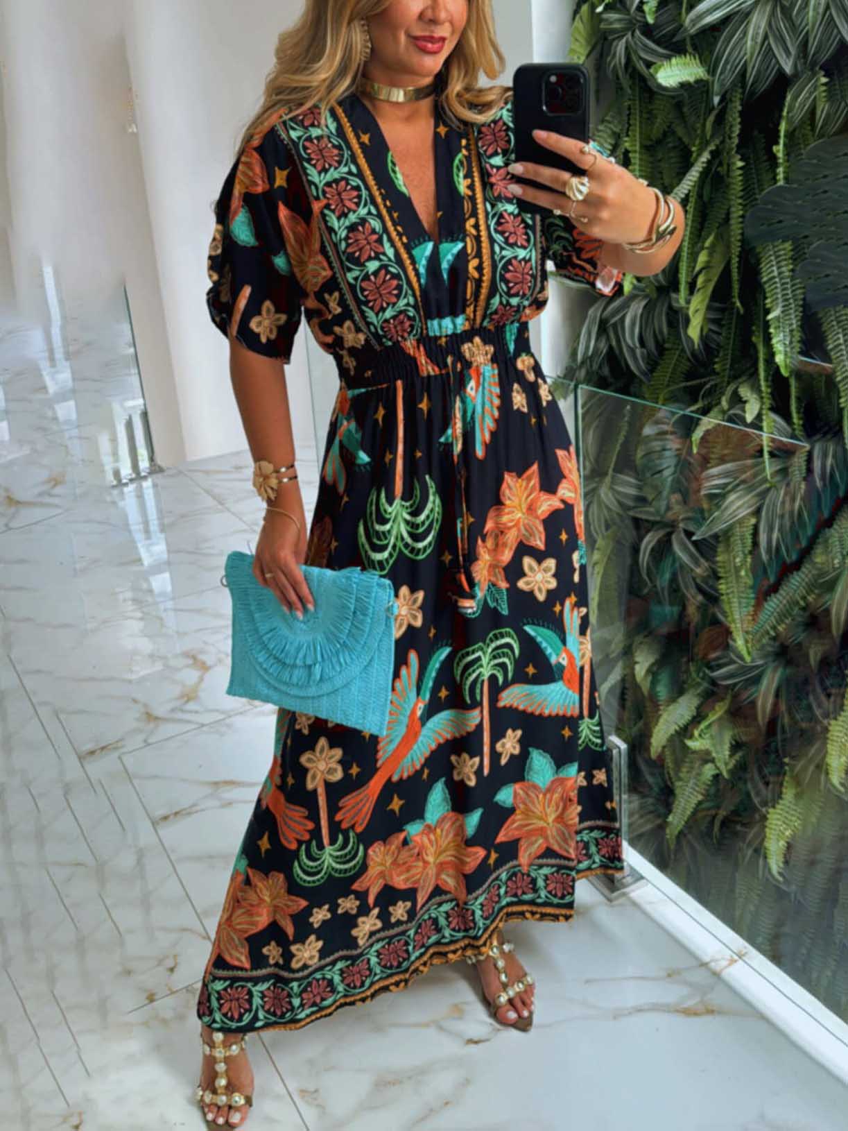 Robe longue unique à imprimé cocotiers et forêt tropicale