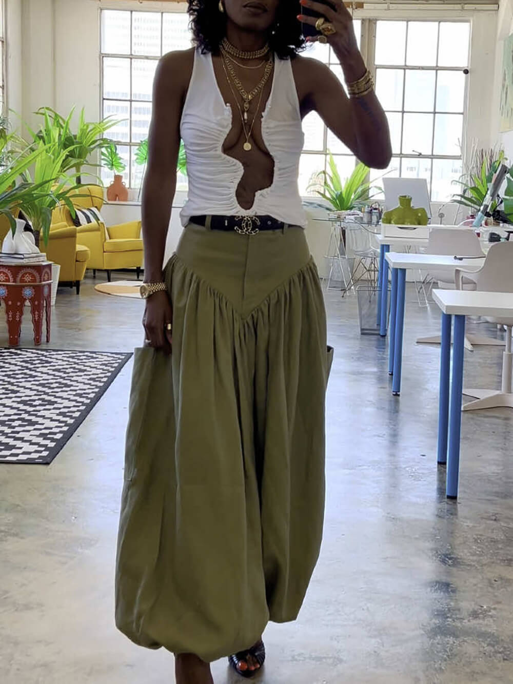 Débardeur plissé sans manches à col en V profond unique