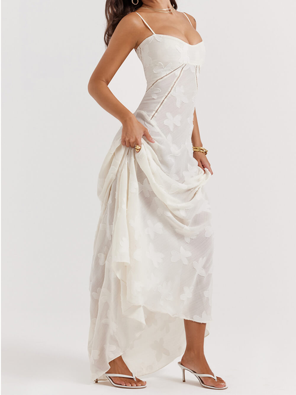 Cremefarbenes Vintage Maxikleid mit floraler Spitze hinten