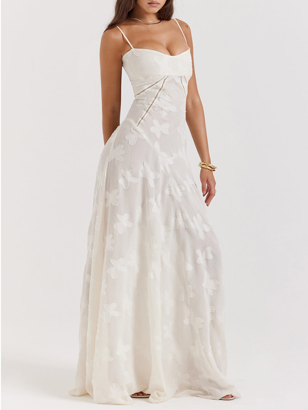 Cremefarbenes Vintage Maxikleid mit floraler Spitze hinten