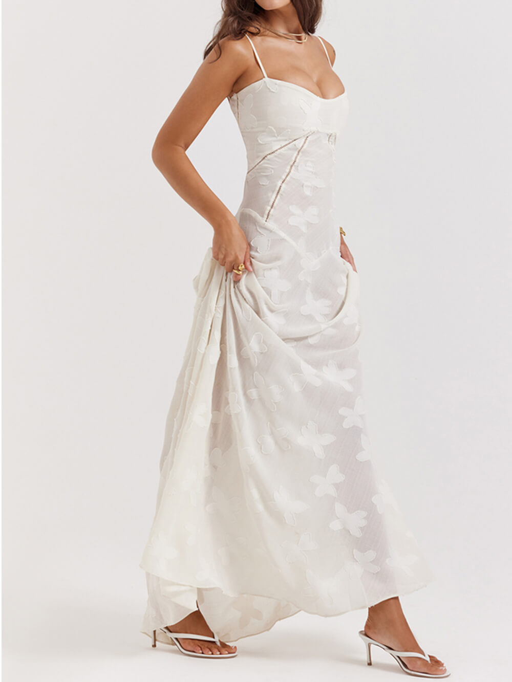 Cremefarbenes Vintage Maxikleid mit floraler Spitze hinten