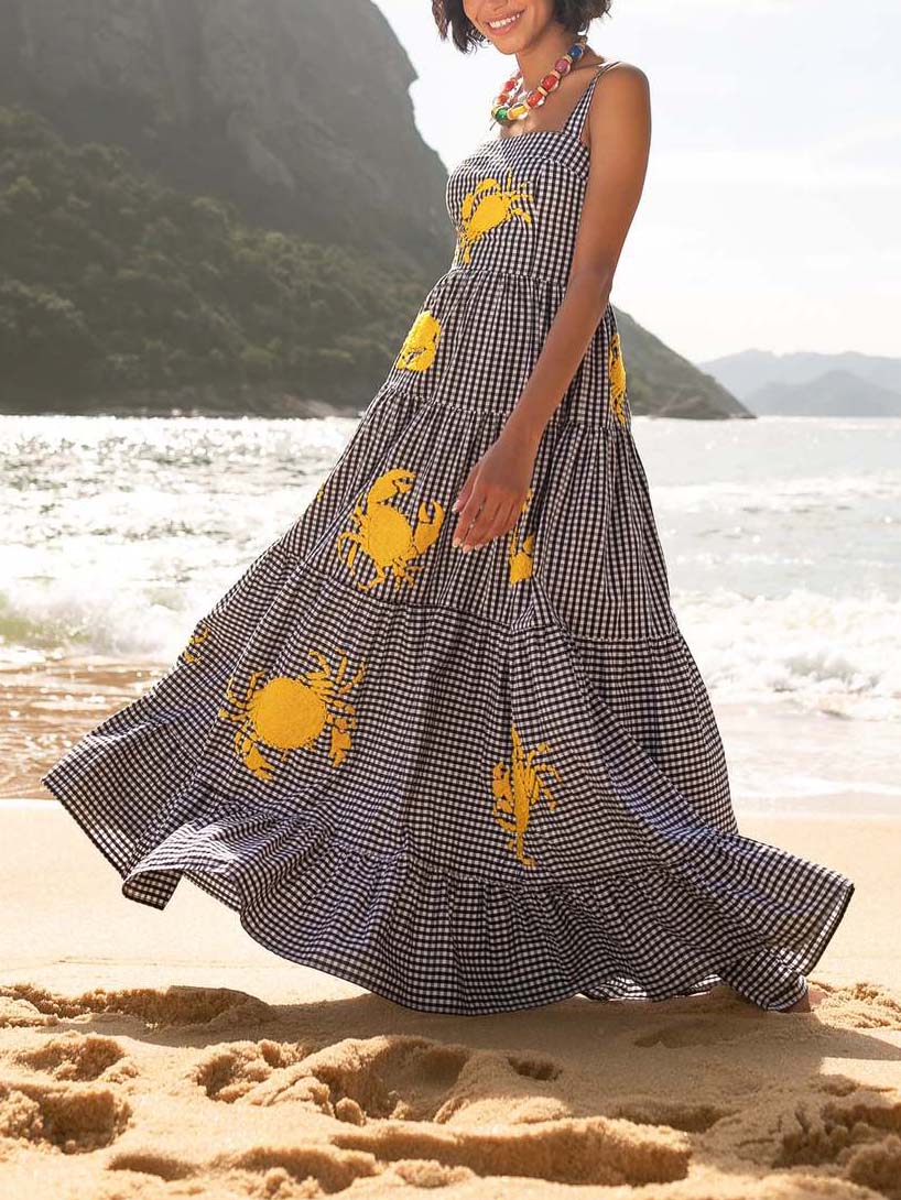 Holiday Embroidered Crab Pattern Swing Maxi Dress