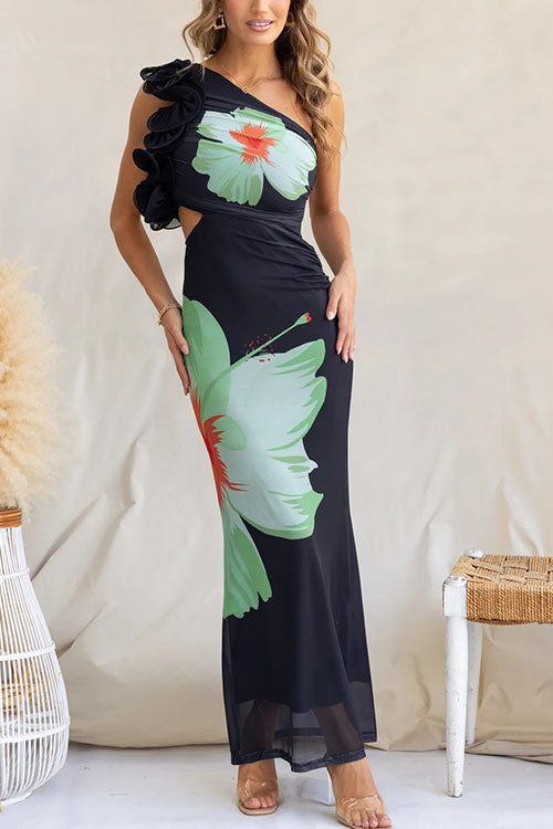 Robe longue ajustée à imprimé floral et à une épaule