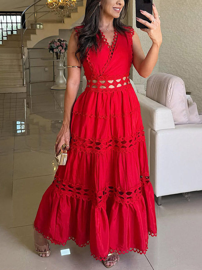 Ärmelloses Vintage-Maxikleid mit Spitzenstickerei und Hohlsaum