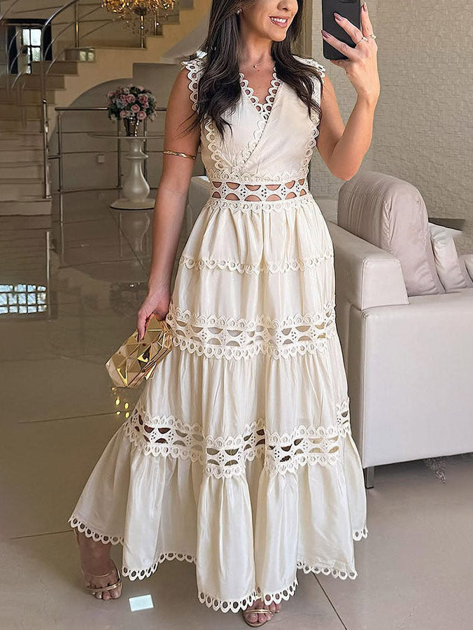 Ärmelloses Vintage-Maxikleid mit Spitzenstickerei und Hohlsaum