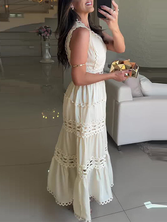 Ärmelloses Vintage-Maxikleid mit Spitzenstickerei und Hohlsaum