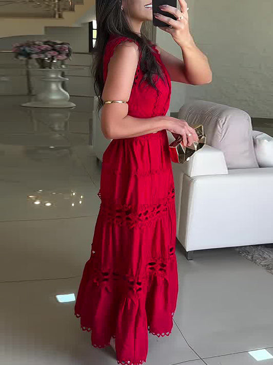 Ärmelloses Vintage-Maxikleid mit Spitzenstickerei und Hohlsaum