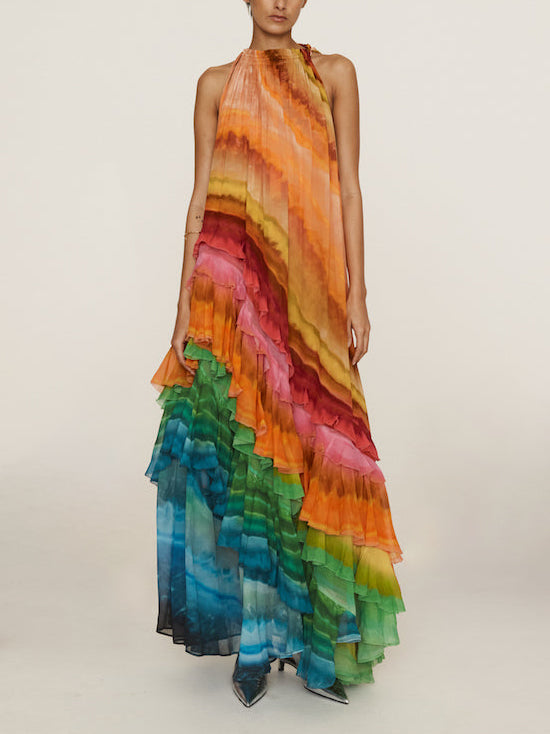 Robe longue à volants et imprimé coloré unique