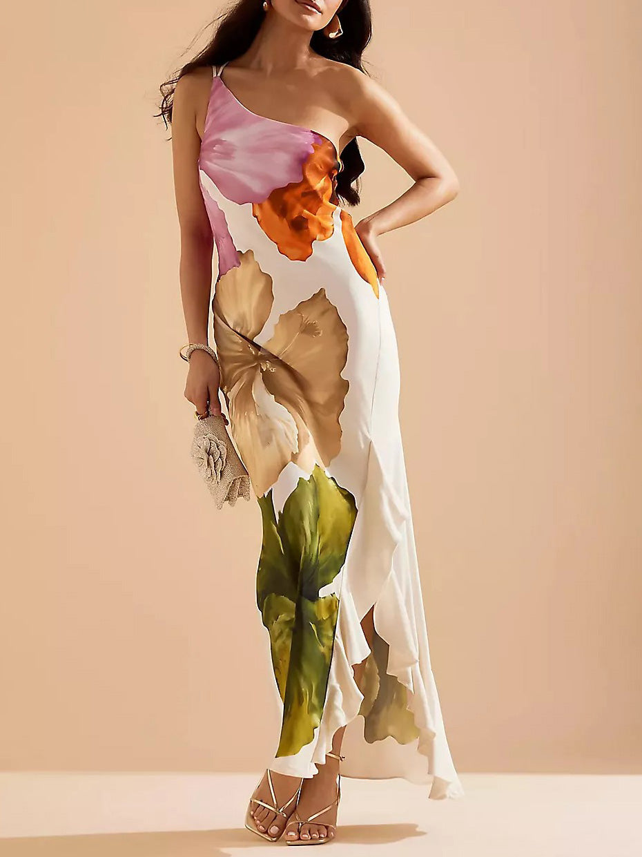 Elegantes, exquisites Maxikleid mit Blumendruck und einer Schulter