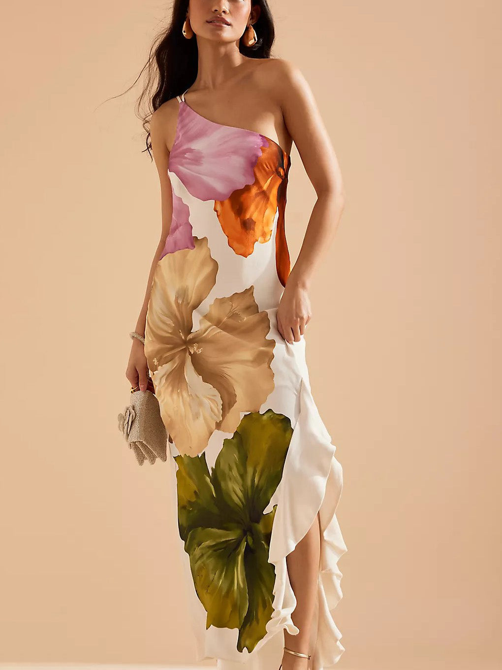 Elegantes, exquisites Maxikleid mit Blumendruck und einer Schulter