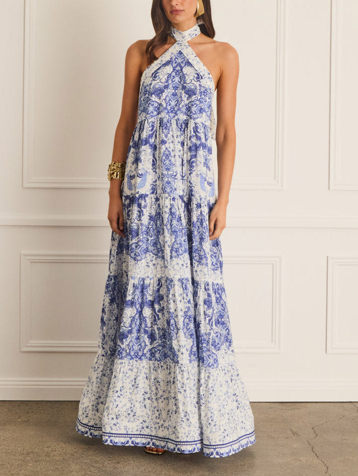 Elegant Halterneck Celadon Print Maxi Dress