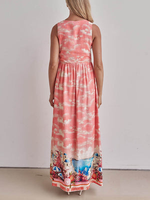 Robe longue trapèze ample à lacets et col en V, imprimé encre unique