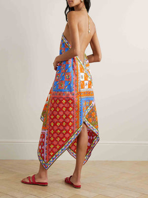 Robe midi à imprimé asymétrique unique et col licou