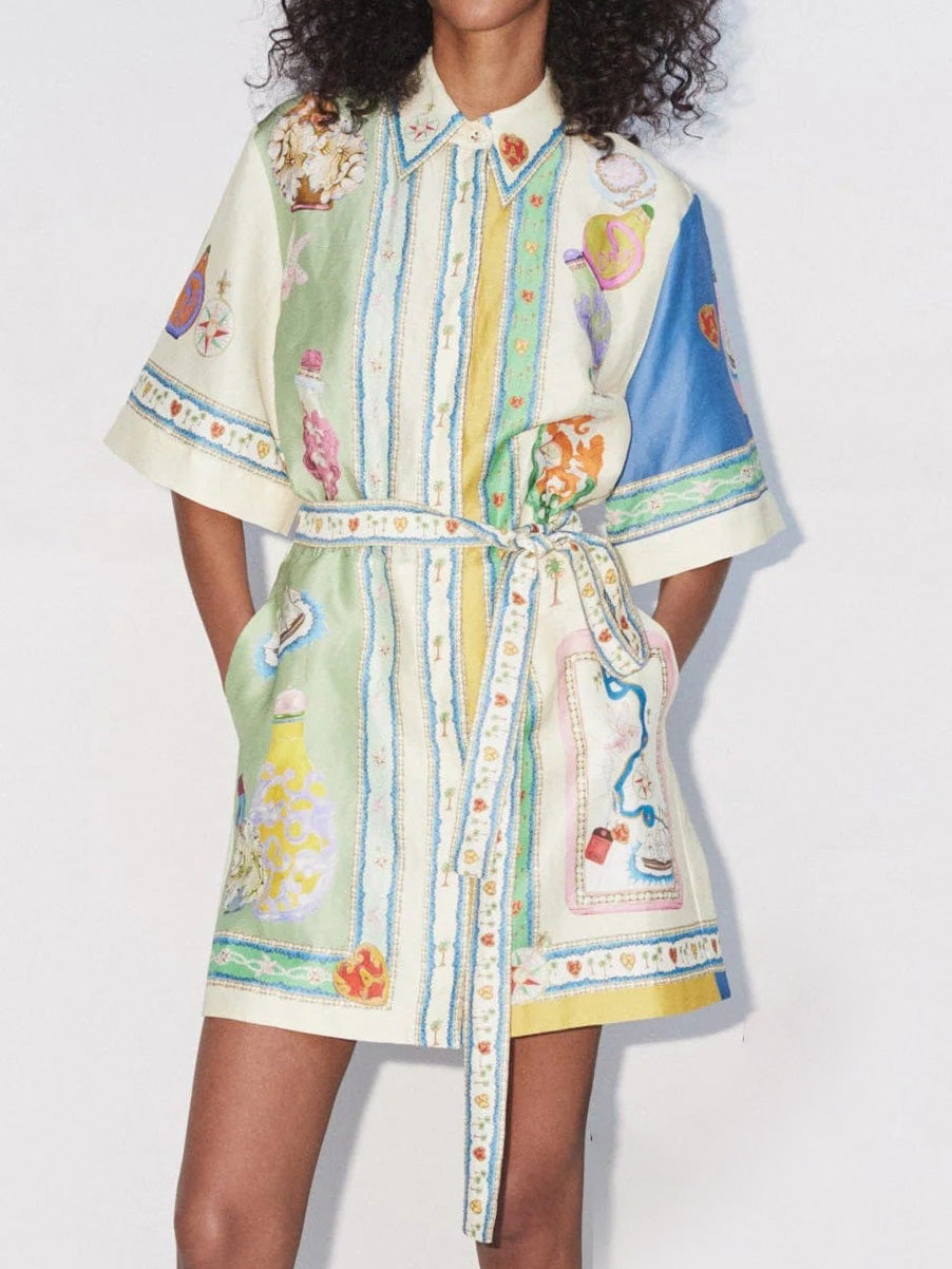 Einzigartiges, exquisites Mini-Cardigankleid mit Ölgemälde-Print und Schnürung