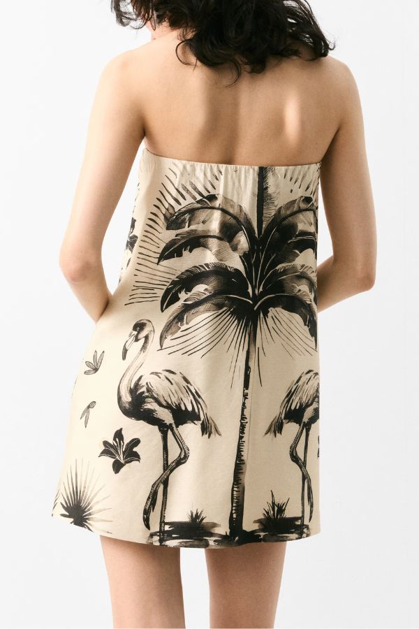 Rückenfreies Neckholder-Minikleid mit Flora-Flamingo-Print